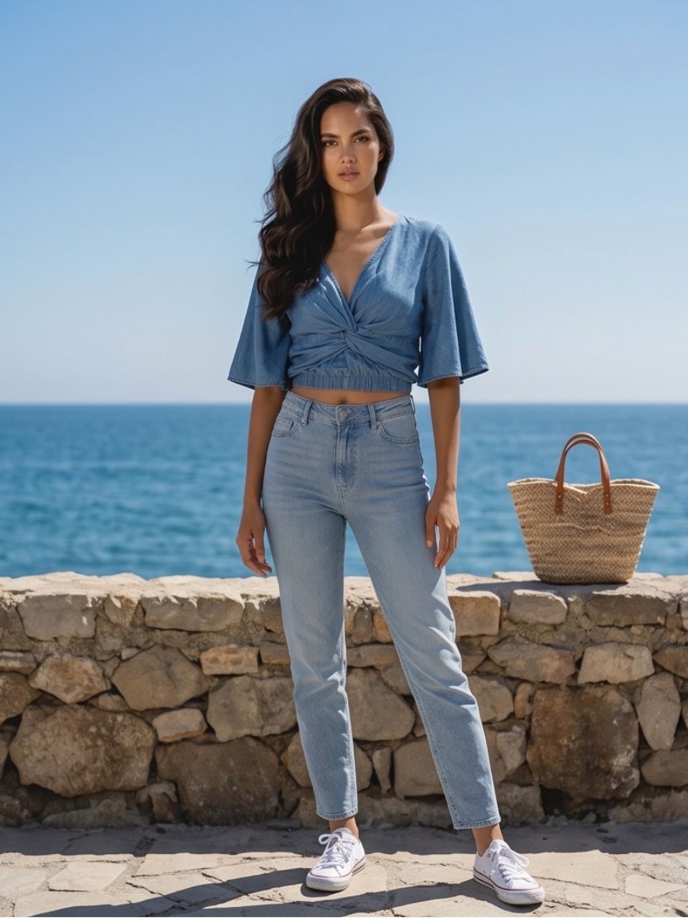 Haute Monde Womens Small Blue Tencel Denim Knot Front Flutter Sleeve Crop Top NW